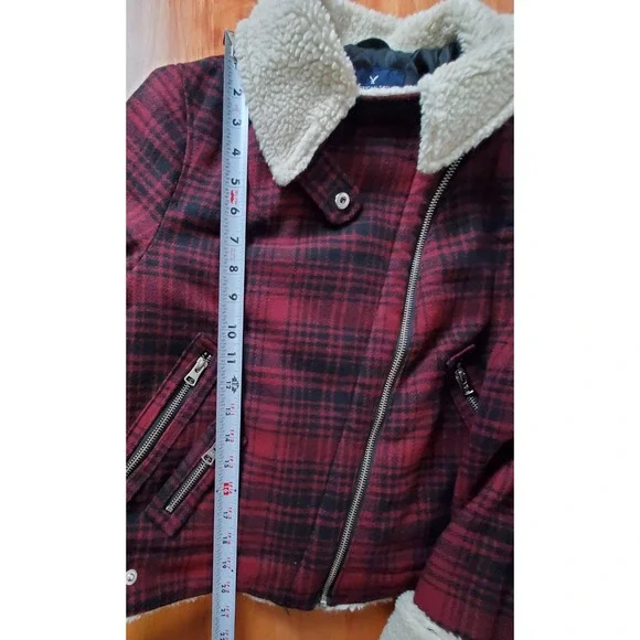 American Eagle Red Black Plaid Bomber Moto Jacket Faux Fur Small Sherpa Wool - Picture 9 of 10